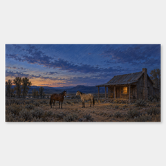 The Station at Blue Hour panoramic oil painting, complete artwork on a light grey background