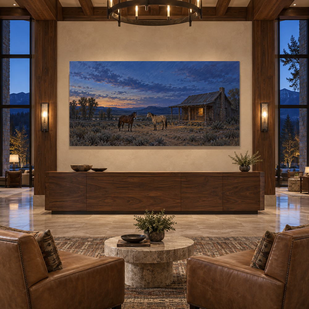 The Station at Blue Hour above a walnut console in a lounge with leather armchairs