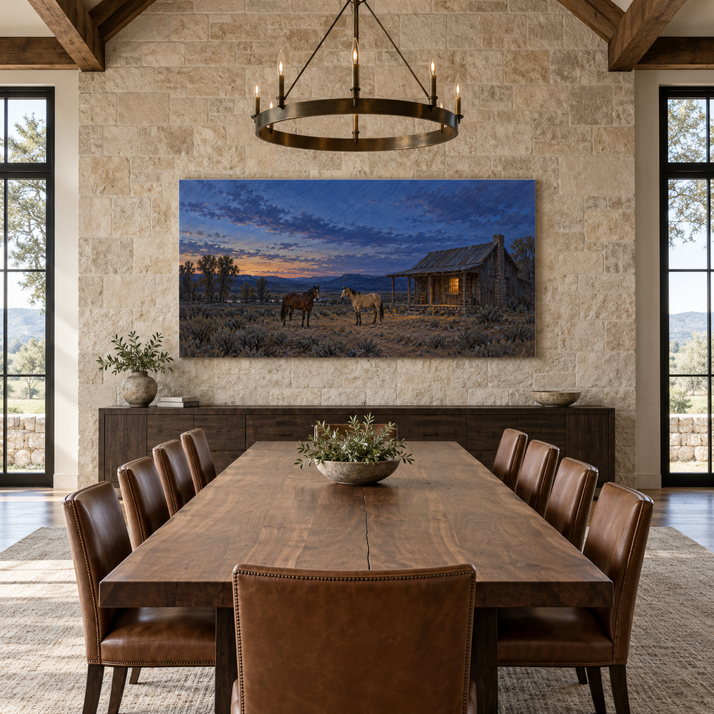 The Station at Blue Hour above a long table in a limestone and leather dining room