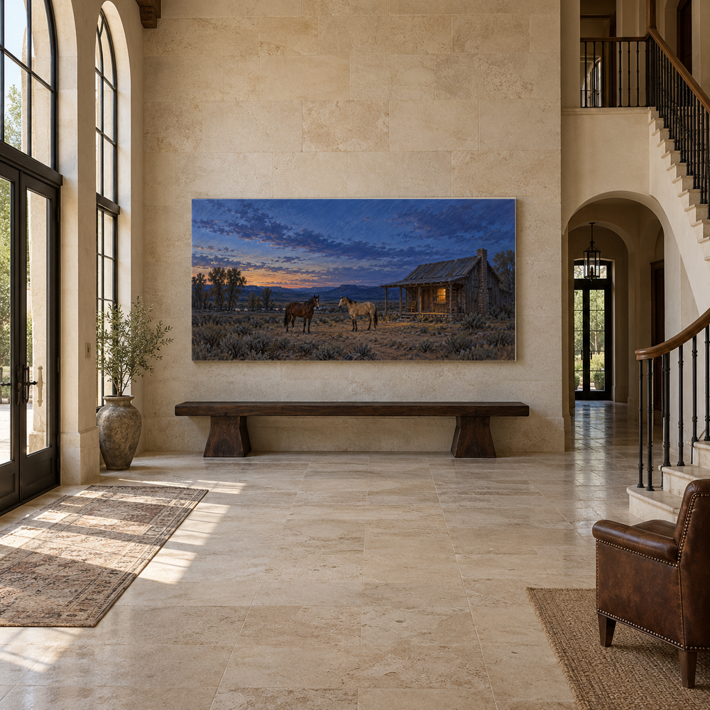 The Station at Blue Hour above an oak bench in a limestone entryway