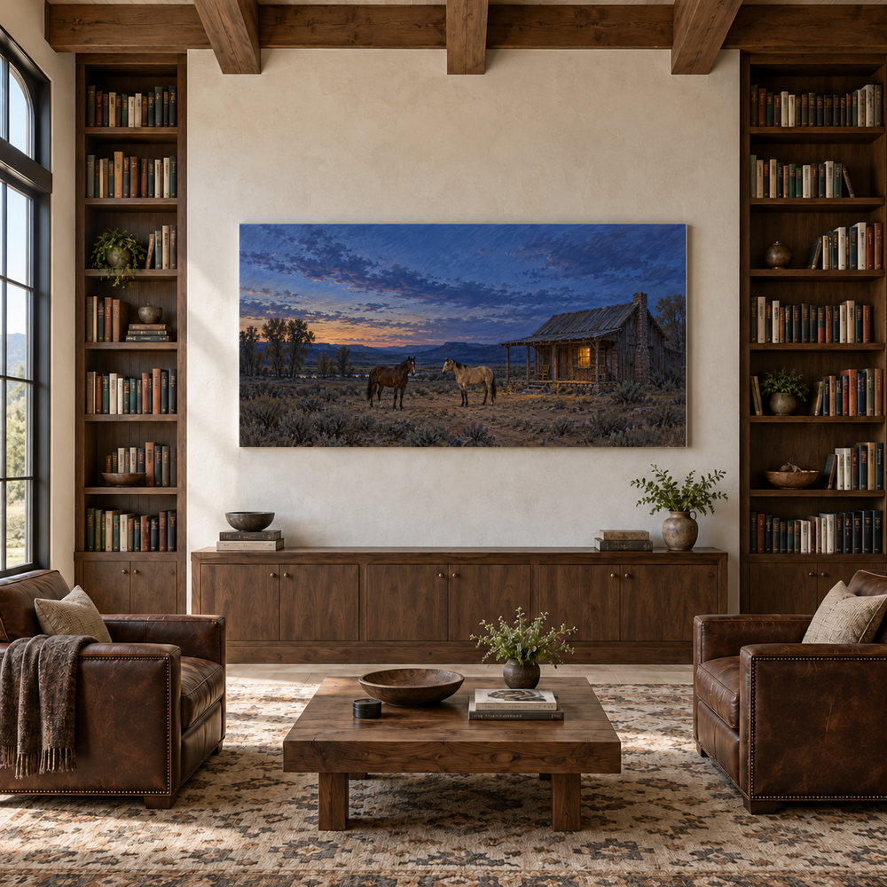 The Station at Blue Hour above a walnut console in a library with leather armchairs