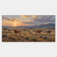 After the Roundup panoramic oil painting, complete artwork on a light grey background