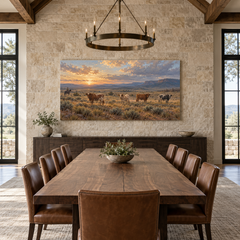 After the Roundup above a long table in a limestone and leather dining room