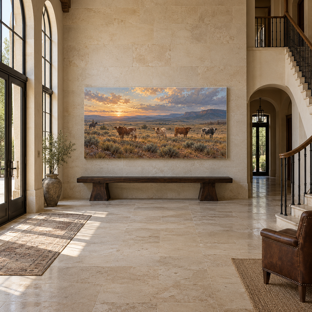 After the Roundup above an oak bench in a limestone entryway