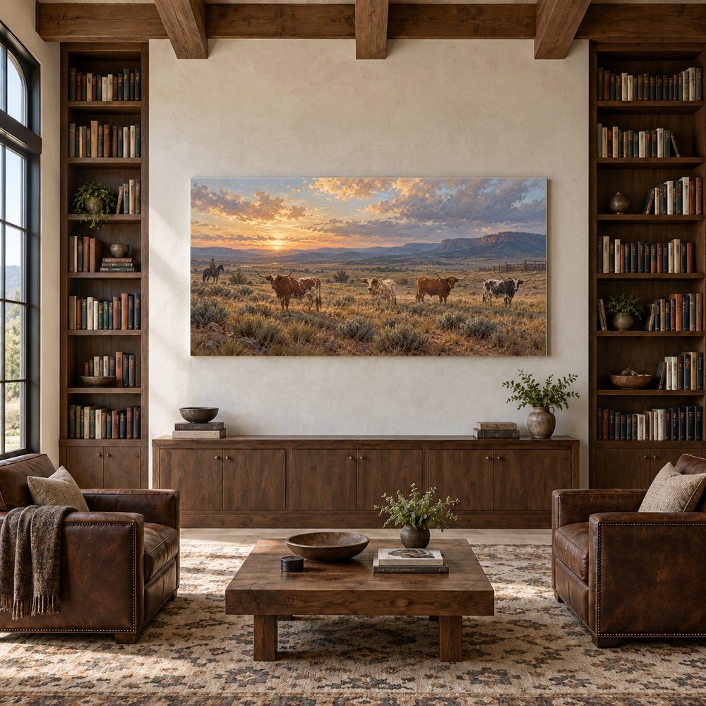 After the Roundup above a walnut console in a library with leather armchairs
