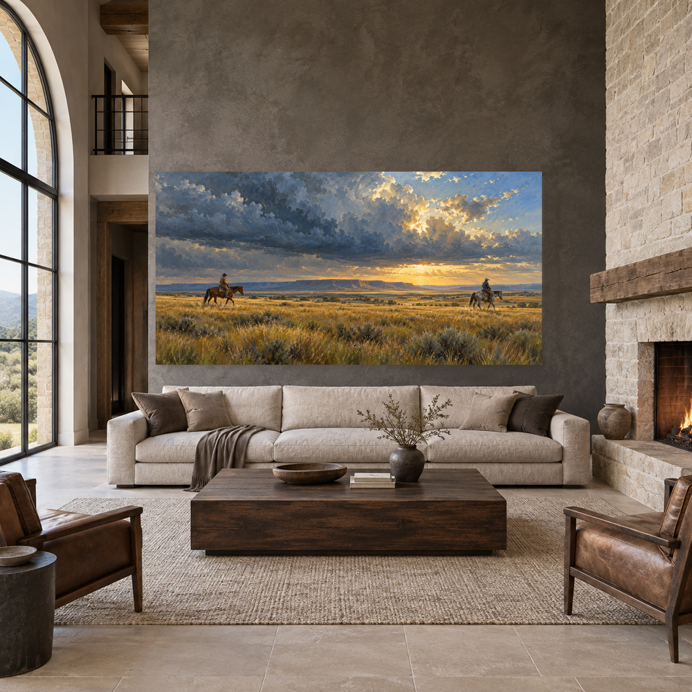 Prairie Thunderhead above a complete cream sofa in a stone fireplace living room