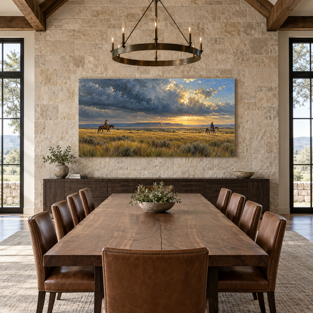Prairie Thunderhead above a long table in a limestone and leather dining room