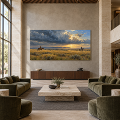 Prairie Thunderhead above a walnut console in a spacious lobby