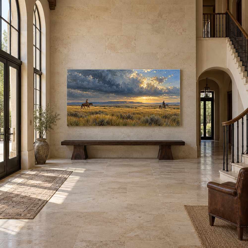 Prairie Thunderhead above an oak bench in a limestone entryway