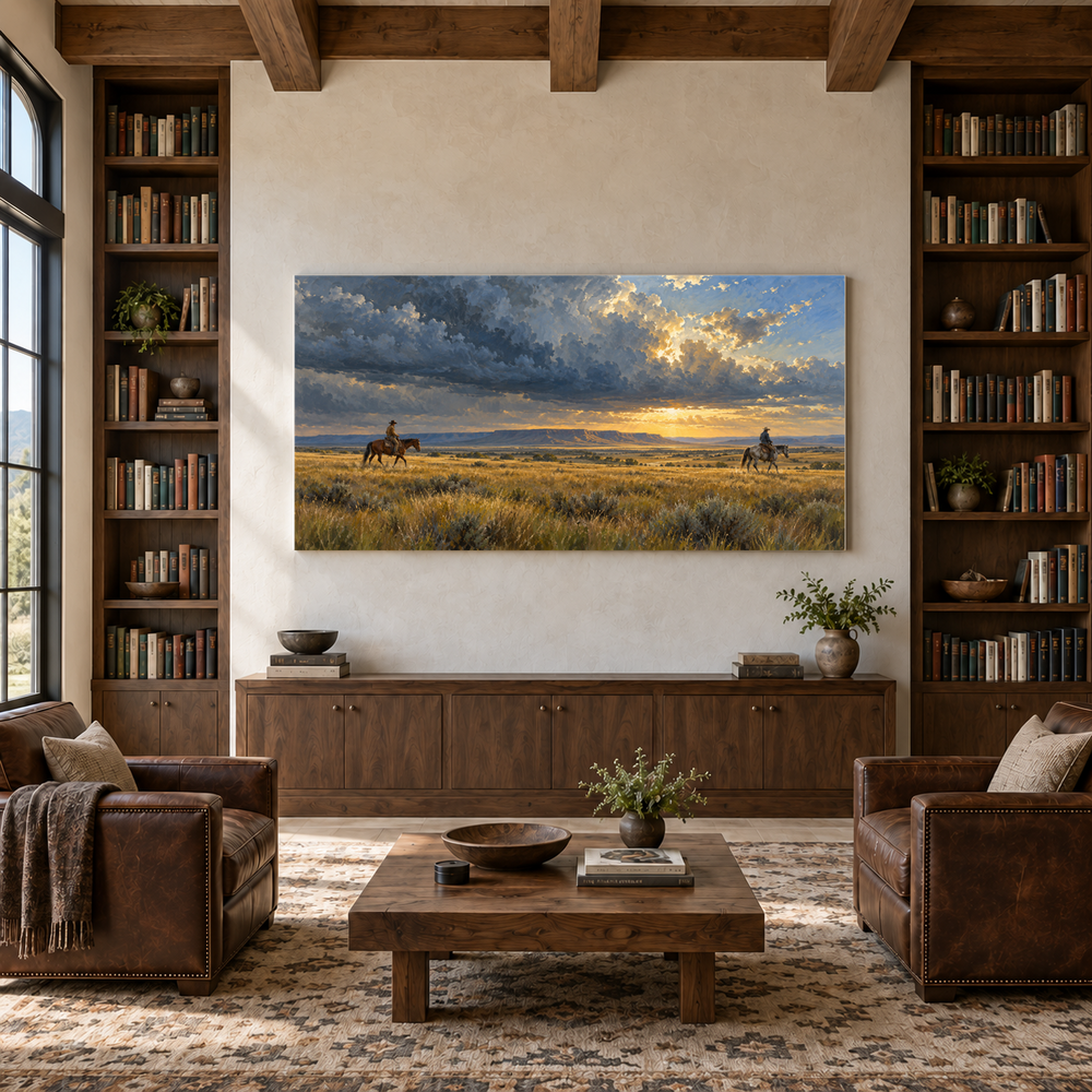 Prairie Thunderhead above a walnut console in a library with leather armchairs