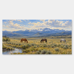 The Quiet Horses panoramic oil painting, complete artwork on a light grey background