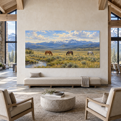 The Quiet Horses above a complete linen bench in a bright lounge