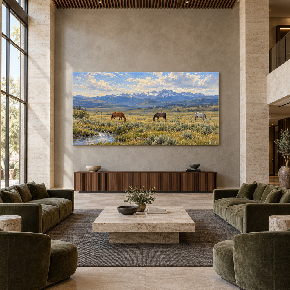 The Quiet Horses above a walnut console in a spacious lobby
