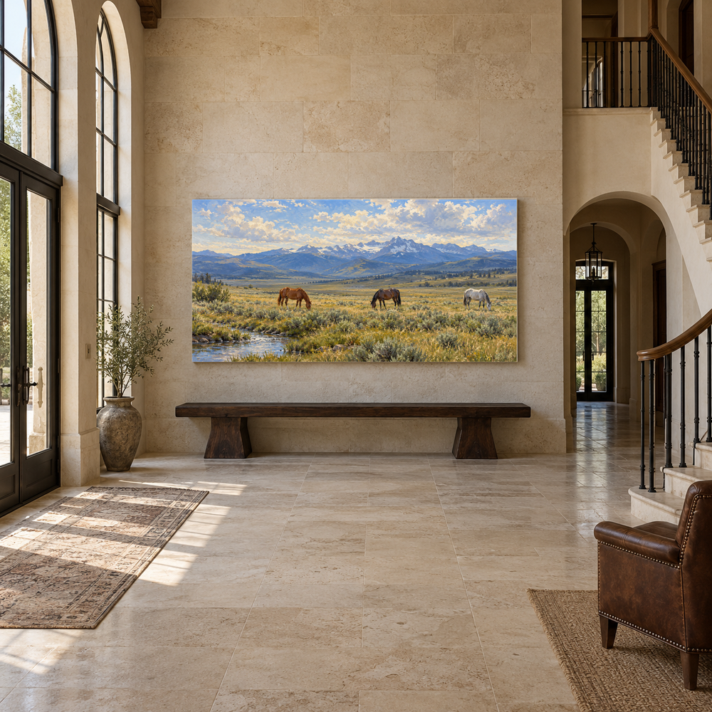 The Quiet Horses above an oak bench in a limestone entryway