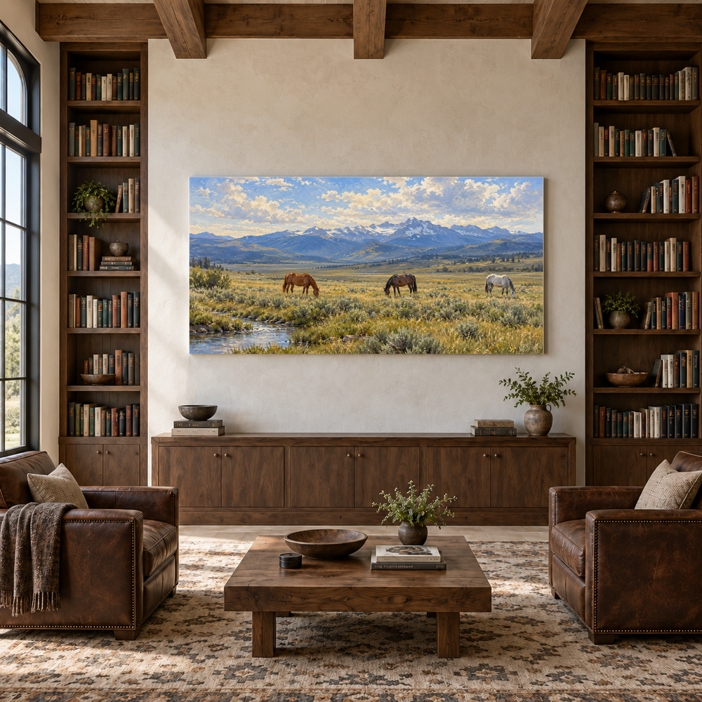 The Quiet Horses above a walnut console in a library with leather armchairs