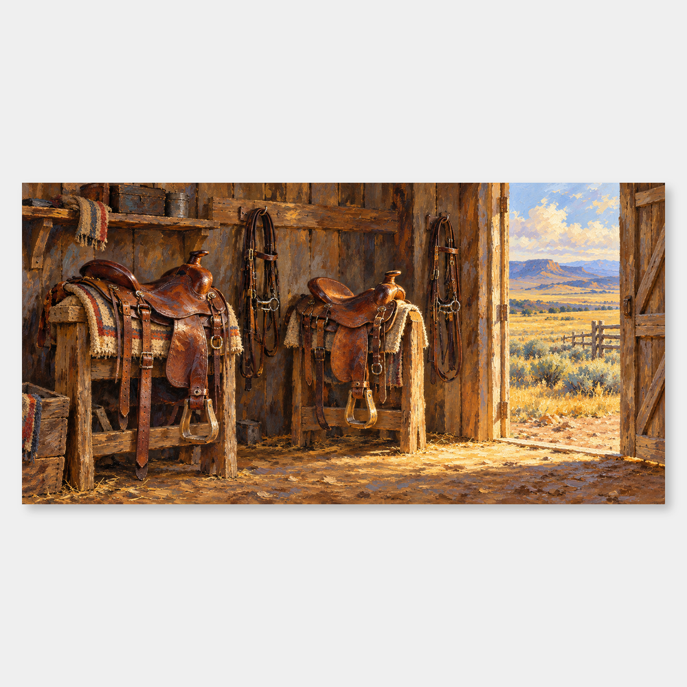 Saddles by the Open Door panoramic oil painting, complete artwork on a light grey background