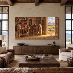 Saddles by the Open Door above a walnut console in a leather furnished living room