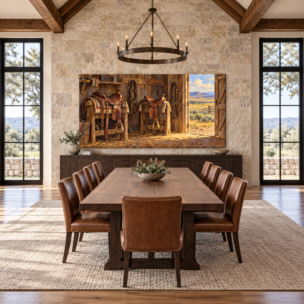 Saddles by the Open Door above a long table in a limestone and leather dining room