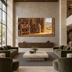 Saddles by the Open Door above a walnut console in a spacious lobby
