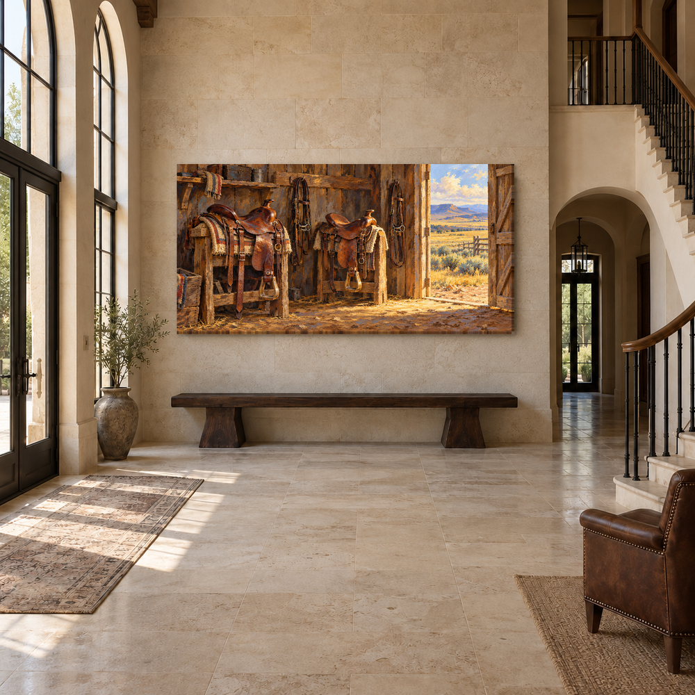 Saddles by the Open Door above an oak bench in a limestone entryway