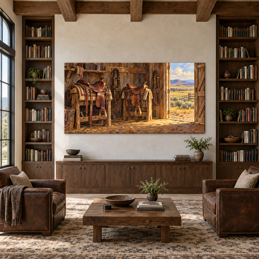 Saddles by the Open Door above a walnut console in a library with leather armchairs