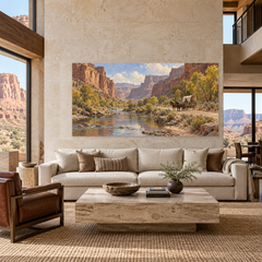 Through the Cottonwood Canyon above a complete cream sofa in a sandstone ranch living room