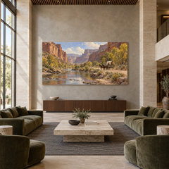 Through the Cottonwood Canyon above a walnut console in a spacious lobby