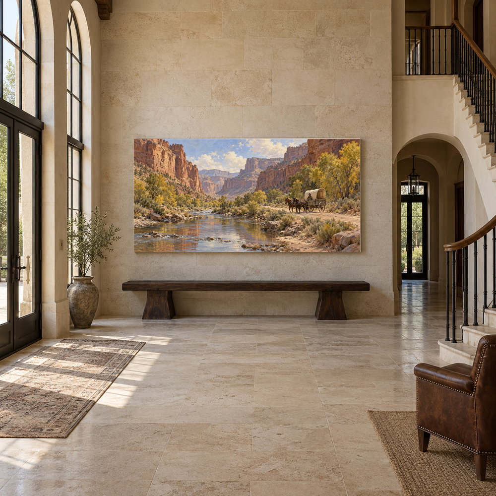 Through the Cottonwood Canyon above an oak bench in a limestone entryway