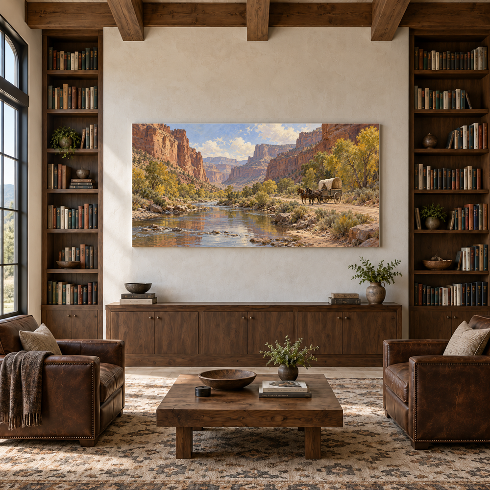 Through the Cottonwood Canyon above a walnut console in a library with leather armchairs