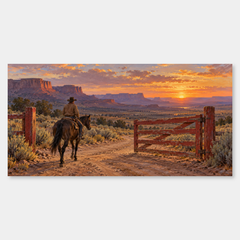 The Red Gate at Sundown panoramic oil painting, complete artwork on a light grey background
