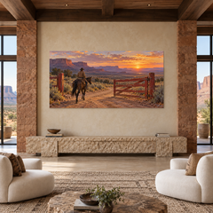 The Red Gate at Sundown above a stone console in a lounge with upholstered armchairs