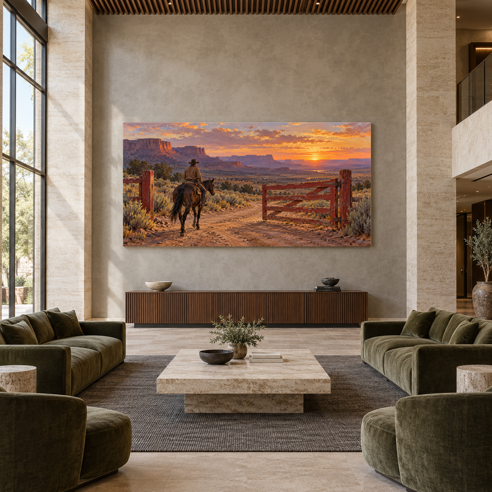 The Red Gate at Sundown above a walnut console in a spacious lobby