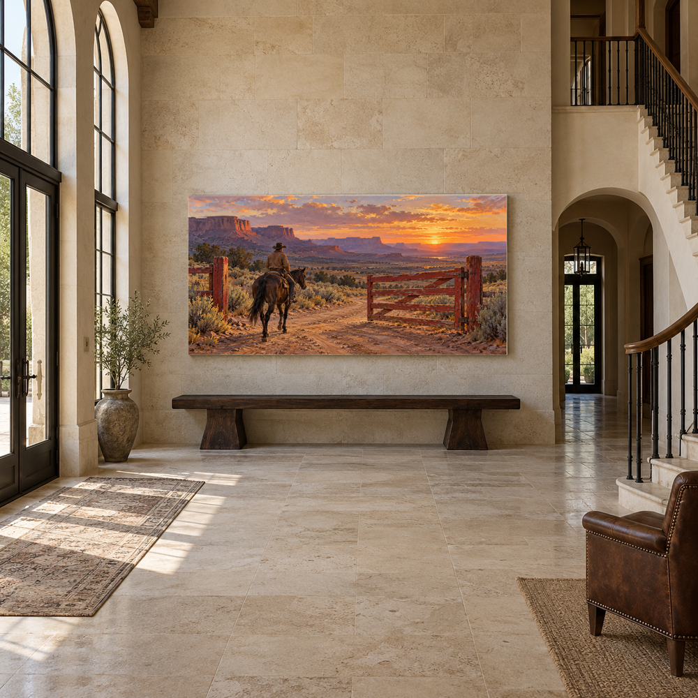 The Red Gate at Sundown above an oak bench in a limestone entryway