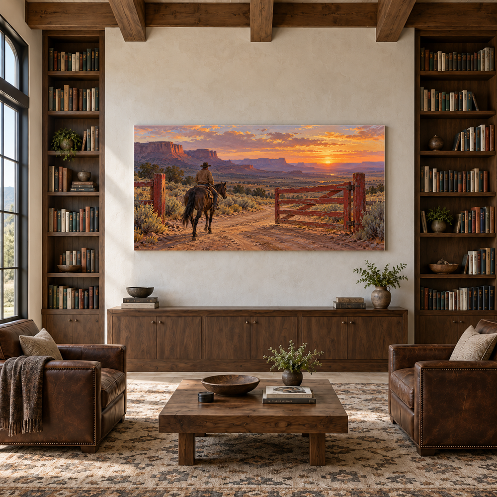 The Red Gate at Sundown above a walnut console in a library with leather armchairs