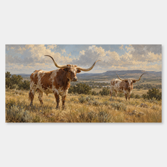 The Longhorn Study panoramic oil painting, complete artwork on a light grey background