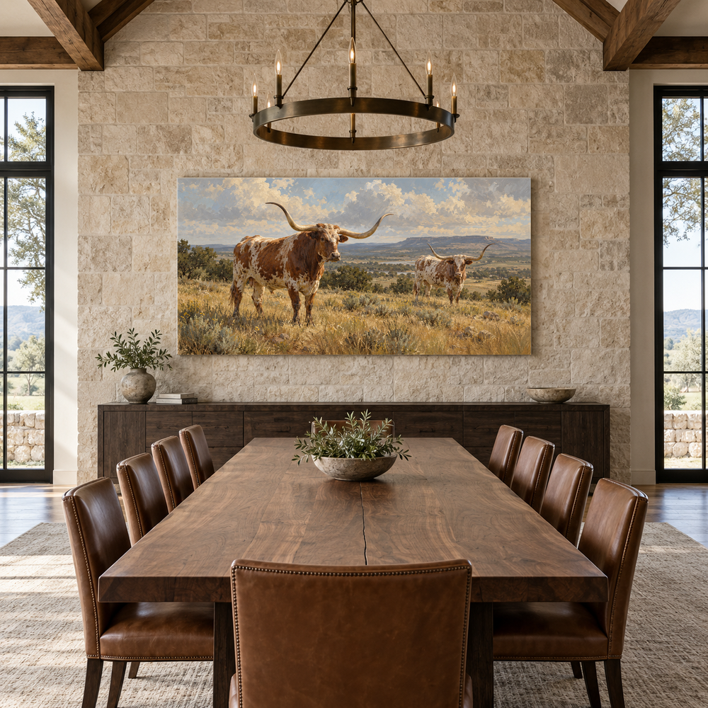 The Longhorn Study above a long table in a limestone and leather dining room