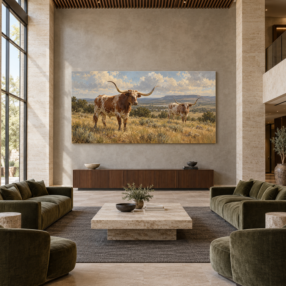 The Longhorn Study above a walnut console in a spacious lobby