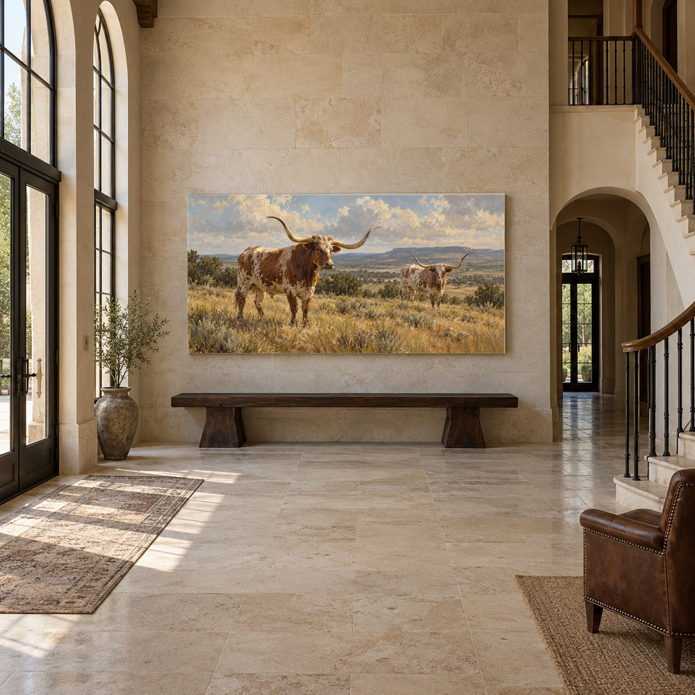 The Longhorn Study above an oak bench in a limestone entryway