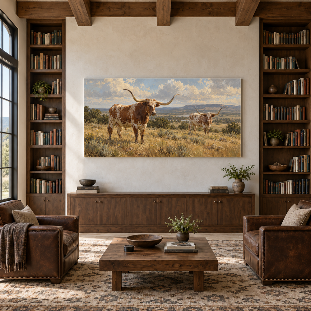 The Longhorn Study above a walnut console in a library with leather armchairs