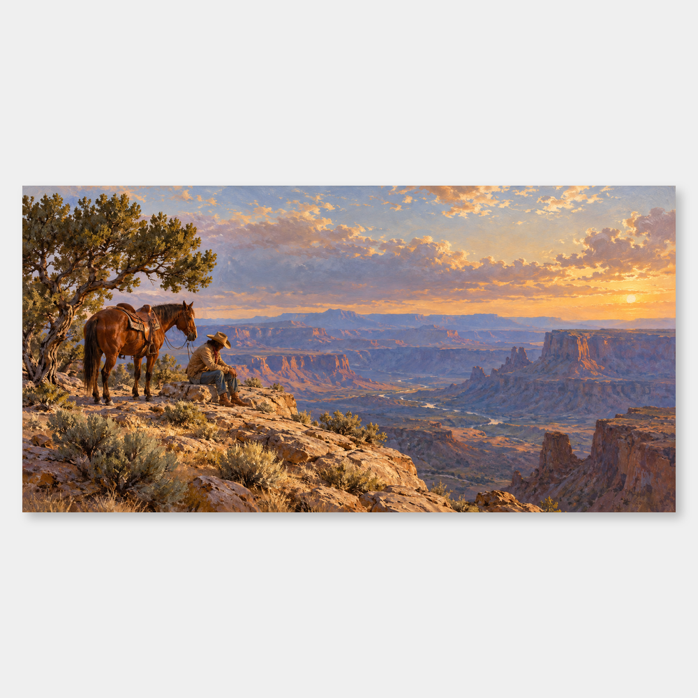 A Cowboy's Rest panoramic oil painting, complete artwork on a light grey background