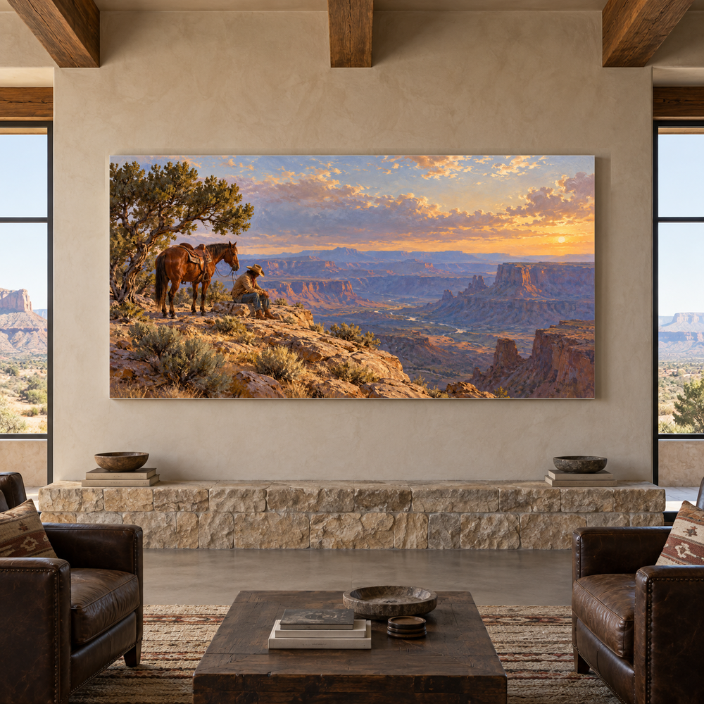 A Cowboy's Rest above a stone bench in a quiet ranch lounge