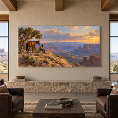A Cowboy's Rest above a stone bench in a quiet ranch lounge