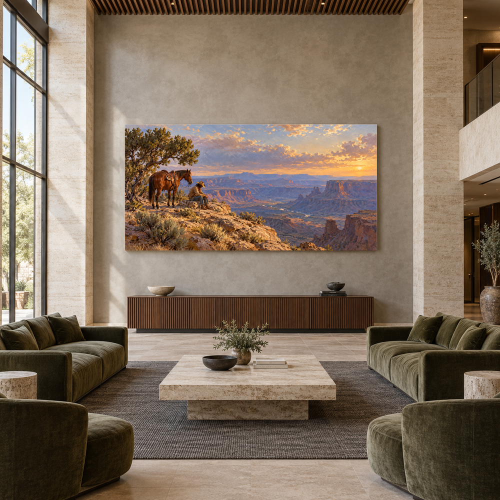 A Cowboy's Rest above a walnut console in a spacious lobby