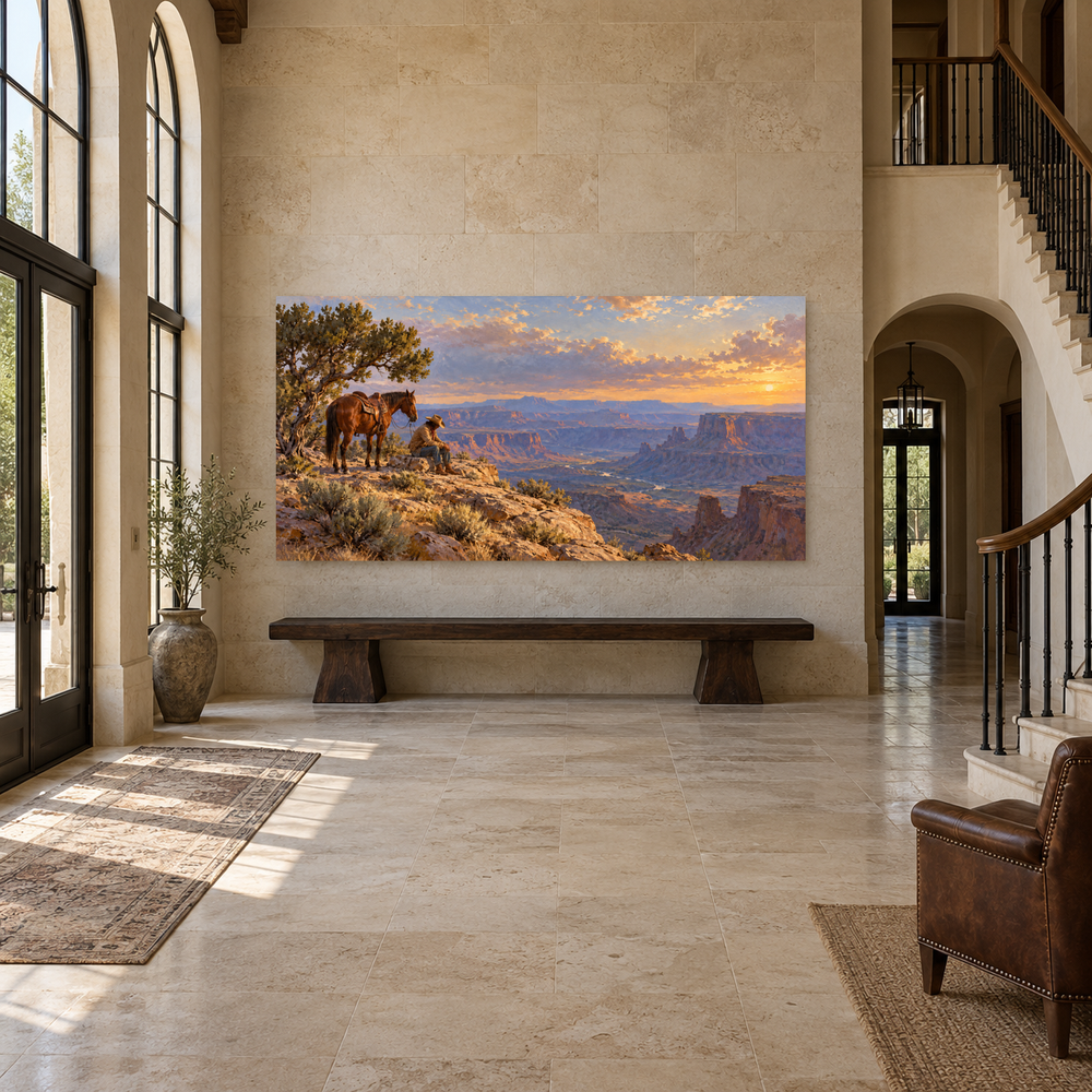A Cowboy's Rest above an oak bench in a limestone entryway