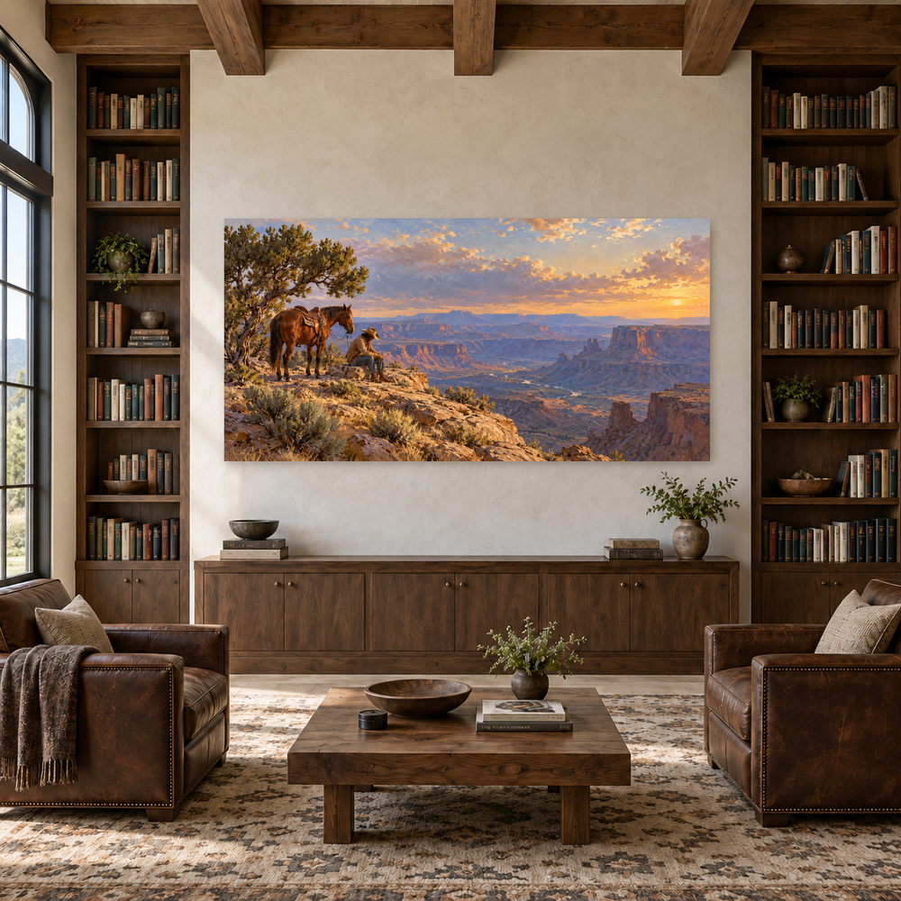 A Cowboy's Rest above a walnut console in a library with leather armchairs