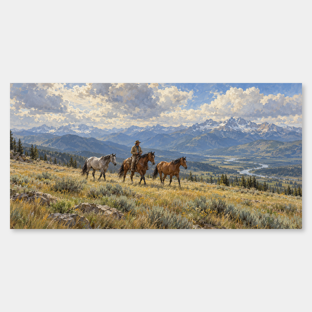 Crossing the High Meadow panoramic oil painting, complete artwork on a light grey background