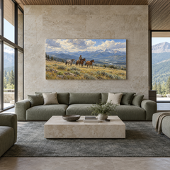 Crossing the High Meadow above a complete green sofa in a ranch living room