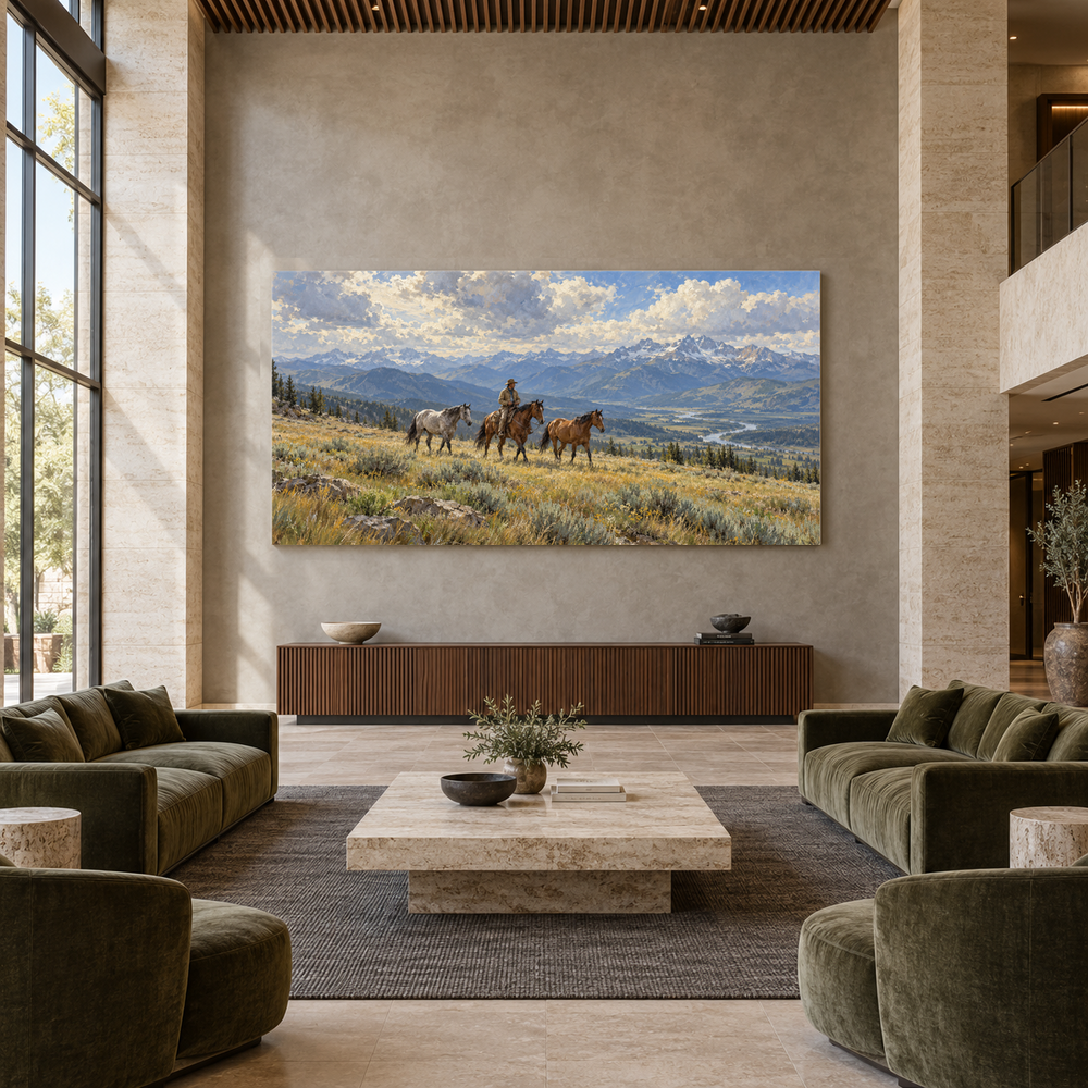 Crossing the High Meadow above a walnut console in a spacious lobby