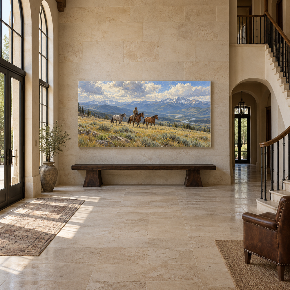 Crossing the High Meadow above an oak bench in a limestone entryway