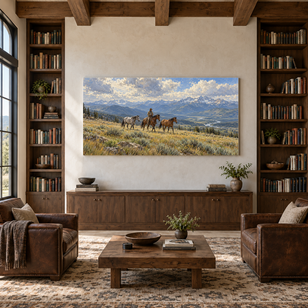 Crossing the High Meadow above a walnut console in a library with leather armchairs